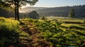 Verdant woods nestled in mountainous terrain, panorama.