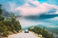 Verdon, France. car on road In French mountain nature landscape the Gorges Du Verdon in France. Altered Sky. Provence