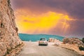 Verdon, France. Small car on road on background of French mountain nature landscape the Gorges Du Verdon in France