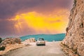 Verdon, France. Small car on road on background of French mountain nature landscape the Gorges Du Verdon in France