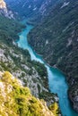 Verdon Gorge, amazing landscape of famous canyon with winding turquoise-green color river and high rocks in Alps, Provence, France