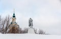 Vereya town, Naro-Fominsky District, Moscow Oblast, Russia, January 17, 2016: Verey Nativity Cathedral of Kremlin and Monument t