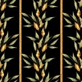 Verical floral pattern. Green and gold leaves on black background.