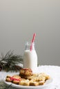 Verical image of bottle of milk, christmas cookies and copy space on grey background Royalty Free Stock Photo