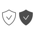 Verified emblem line and glyph icon. Shield with check mark vector illustration isolated on white. Guarantee outline