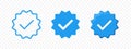 Verified icon badge for account profile, vector check tag marks. Verified blue icons for business account or member login and