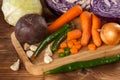 Verious fresh vegetables on a wooden table, healthy food