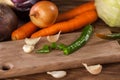 Verious fresh vegetables on a wooden table, healthy food