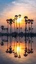 Veritcal sugar palm tree with reflection at sunrise Royalty Free Stock Photo