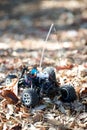 Veritcal of toy RC truck in leaves, no body Royalty Free Stock Photo