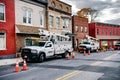 Verizon Cars line the side of the road. Verizon special equipment for Internet debugging