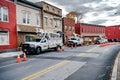 Verizon Cars line the side of the road. Verizon special equipment for Internet debugging