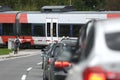 Traffic jam at a railway crossing in the