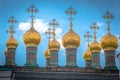 Verkhospasskiy Sobor - Golden onion towers of church inside Kremlin, Moscow, Russia Royalty Free Stock Photo