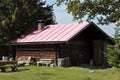 Verlorener Schachten with wooden hut and bench near Frauenau