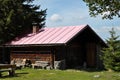 Verlorener Schachten with wooden hut and bench near Frauenau