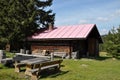 Verlorener Schachten with wooden hut and bench near Frauenau