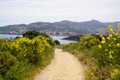 Vermeille coast pathway mediterranean in south sea beach Pyrenees Orientales in Languedoc-Roussillon France Royalty Free Stock Photo