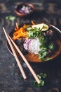 Vermicelli, Beef Meatballs Thai Yellow Curry Sous with Carrot, Onion and Coriander