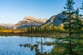 Vermilion Lakes autumn foliage scenery in dusk. Banff National Park, Canadian Rockies. Royalty Free Stock Photo