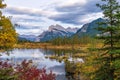 Vermilion Lakes autumn foliage scenery in dusk. Banff National Park, Canadian Rockies. Royalty Free Stock Photo