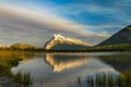 Vermilion Lakes autumn foliage scenery in dusk. Banff National Park, Canadian Rockies. Royalty Free Stock Photo