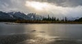 Vermilion Lakes in winter dusk. Banff National Park, Canadian Rockies. Royalty Free Stock Photo