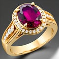 Vermilion Ruby diamonds rows elegant gold ring grey gradient background