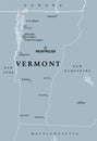 Vermont, VT, gray political map, The Green Mountain State