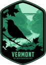 Vermont vector label with Hermit thrush near Quechee Gorge Bridge