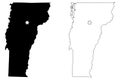 Vermont VT state Map USA with Capital City Star at Montpelier. Black silhouette and outline isolated maps on a white background.