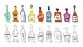 Vermouth, beer, vodka, champagne, whiskey, martini, rum, liquor, red wine bottle on white background. Two kinds beverage. Cartoon Royalty Free Stock Photo