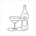 Vermouth bottle and glass outline icon on white background. Black white cartoon sketch graphic design. Doodle style. Hand drawn Royalty Free Stock Photo