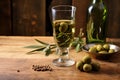 vermouth glass with olive garnish on wooden table