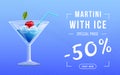 Vermouth with ice web banner template. Alcohol drink in bar glassware with ice cubes and cherry decor. Summertime