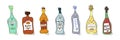 Vermouth, rum, beer, martini, vodka, champagne, red wine with smile on white background. Cartoon sketch graphic design. Doodle