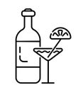 Vermouth, tequila, alcohol icon vector. Bottle of wine, cocktail with lemon are shown. Whiskey, vodka, gin, brandy