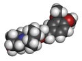 Vernakalant atrial fibrillation drug molecule. 3D rendering. Atoms are represented as spheres with conventional color coding:.