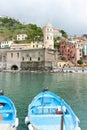 Close-up of quaint European style fishing boats with outboard motor moored in Cinque Terre traditional fishing village