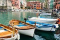 Quaint European boats moored or tied up in Cinque Terre fishing village