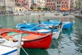 Quaint European boats moored or tied up in Cinque Terre fishing village