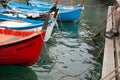 Quaint European boats moored or tied up in Cinque Terre fishing village