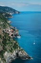 VERNAZZA, ITALY - JUNE 20, 2016: View of Vernazza old fishing Village from Cinque Terre path. UNESCO world heritage. La Spezia Royalty Free Stock Photo