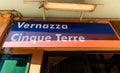 Vernazza, Liguria, Italy. June 2021. Vernazza railway station sign, a village in the heart of the Cinque Terre: a famous tourist Royalty Free Stock Photo