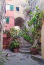 Vernazza narrow picturesque street with traditional colorful houses in Vernazza of Ligurian coast. Province of la Spezia, Italy