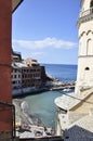 Vernazza, 28th august: Aerial view of Small Port from the Bay of Vernazza village resort from Cinque Terre in Italy