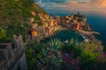 Vernazza view with harbor and mediterranean plants at sunset, Italy Royalty Free Stock Photo