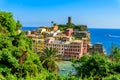 Vernazza - Village of Cinque Terre National Park at Coast of Italy. Beautiful colors at sunset. Province of La Spezia, Liguria, in Royalty Free Stock Photo