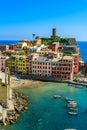 Vernazza - Village of Cinque Terre National Park at Coast of Italy. Beautiful colors at sunset. Province of La Spezia, Liguria, in