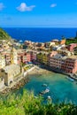 Vernazza - Village of Cinque Terre National Park at Coast of Italy. Beautiful colors at sunset. Province of La Spezia, Liguria, in Royalty Free Stock Photo